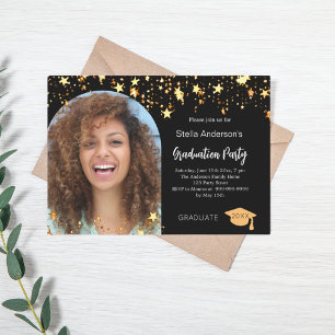 Black gold stars photo arch graduation party invitation