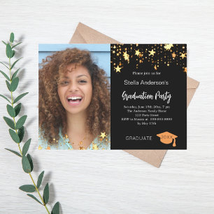 Black gold stars photo graduation party invitation