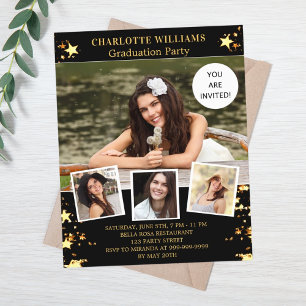 Black gold stars photo graduation party invitation