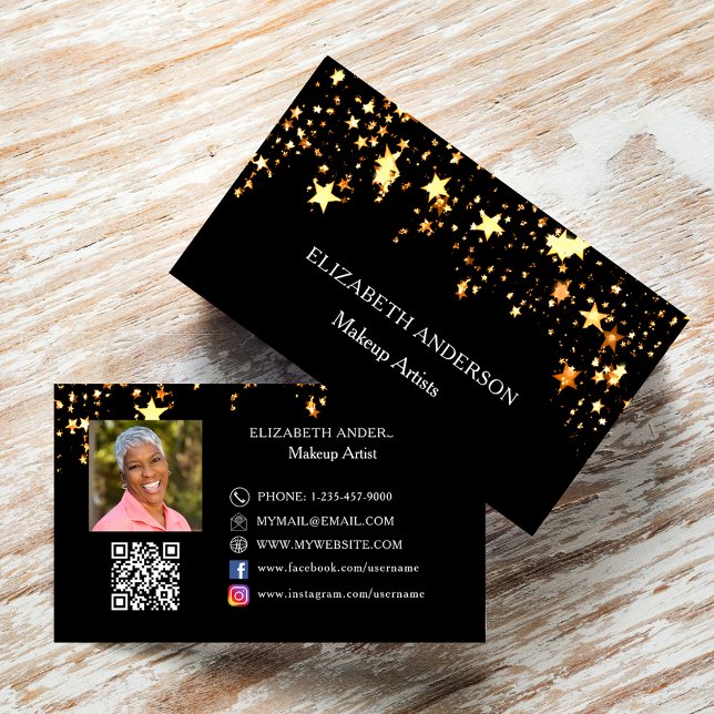 Black gold stars Qr code social media photo Business Card (Creator Uploaded)