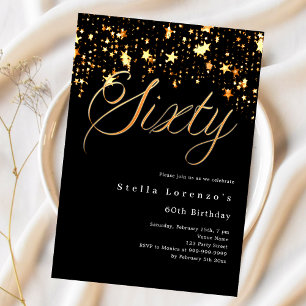 Black gold stars script 60th birthday luxury invitation