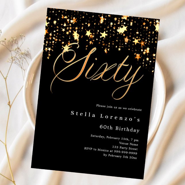 Black gold stars script elegant 60th birthday invitation (Creator Uploaded)