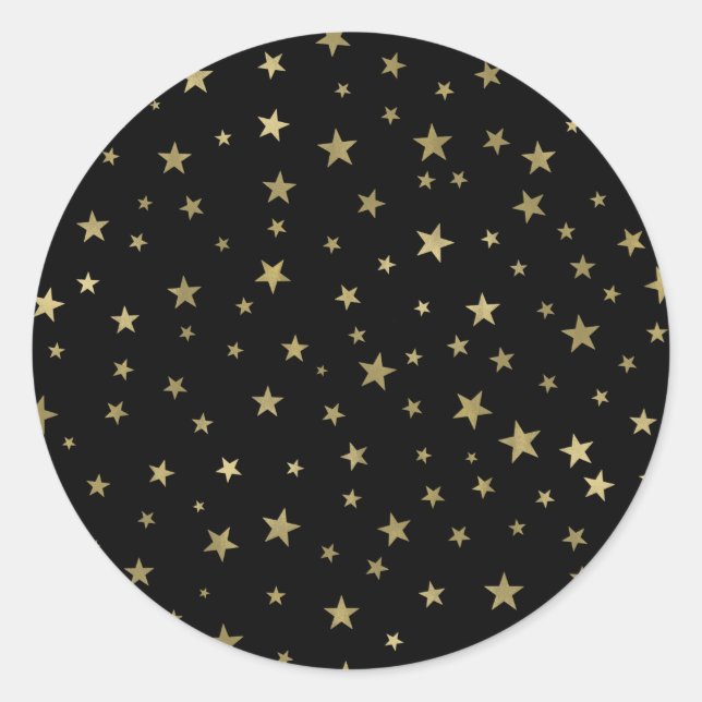 Black & Gold Stars Starry Night Celestial Party Classic Round Sticker (Front)