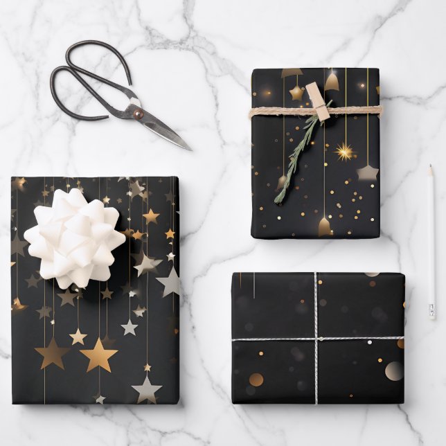 Black Gold Stars Wrapping Paper Sheet (Front)