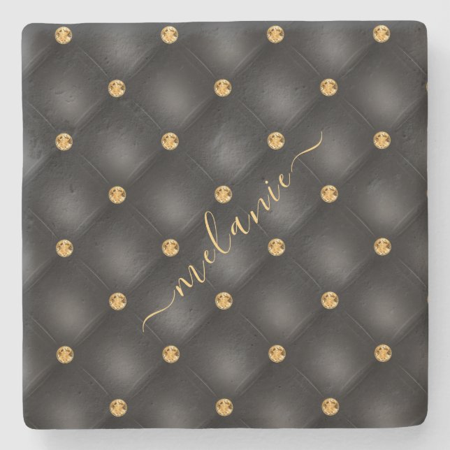 Black Gold Stone Coaster with Custom Name (Front)