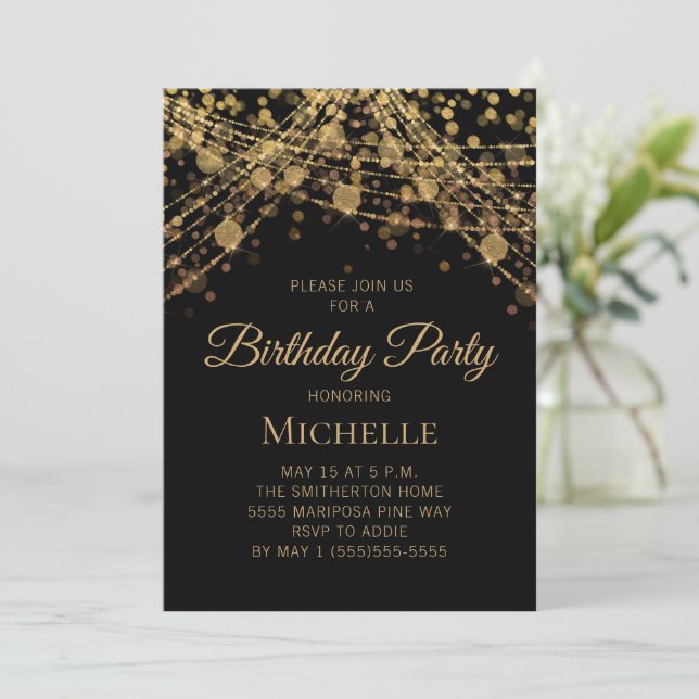 Black Gold String Lights Any Age Women's Birthday  Invitation (Standing Front)