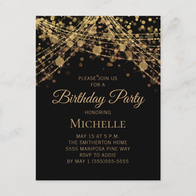 Black Gold String Lights Any Age Women's Birthday Postcard (Front)