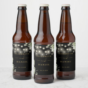 Black Gold String Lights Floral Greenery Wedding Beer Bottle Label