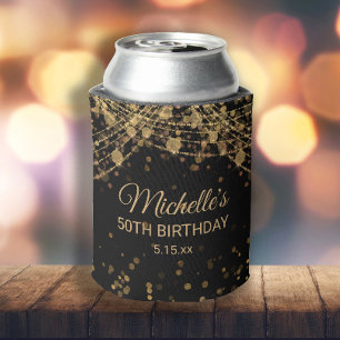 Black Gold String Lights Glitter Adult Birthday  Can Cooler