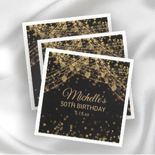Black Gold String Lights Glitter Adult Birthday   Napkin