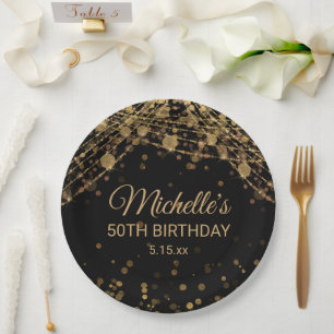 Black Gold String Lights Glitter Adult Birthday Paper Plate