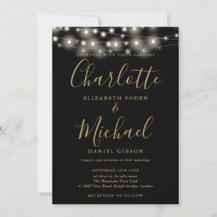 Black Gold String Lights Script Photo Wedding  Invitation