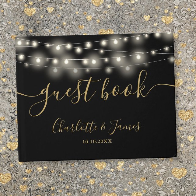 Black Gold String Lights Signature Script Wedding Guest Book (Black Gold String Lights Signature Script Wedding Guest Book)