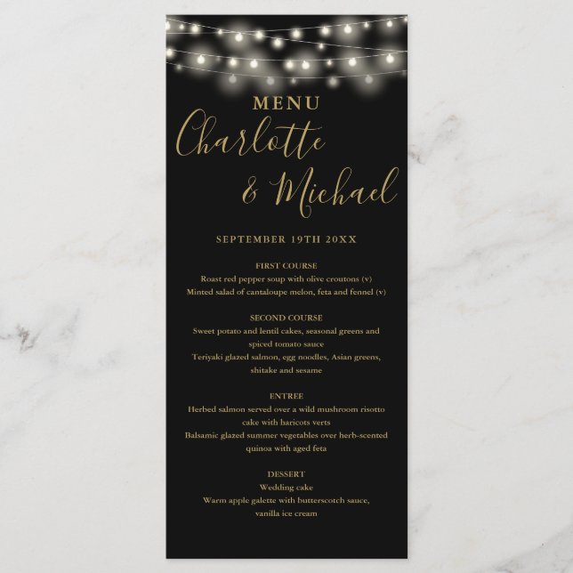 Black Gold String Lights Signature Wedding Menu (Front)