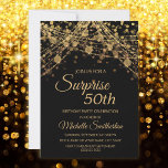 Black Gold String Lights Surprise 50th Birthday Invitation<br><div class="desc">50th birthday party invitation for women with glittering gold string lights and sparkling bokeh on a bold black background. Because text is customisable, this invitation is designed for a lady who is celebrating any birthday. (18th, 21, st, 30th, 40th, 50th, 60th, 70th, 80th, 90th, 100th... .or any age). Text, fonts...</div>