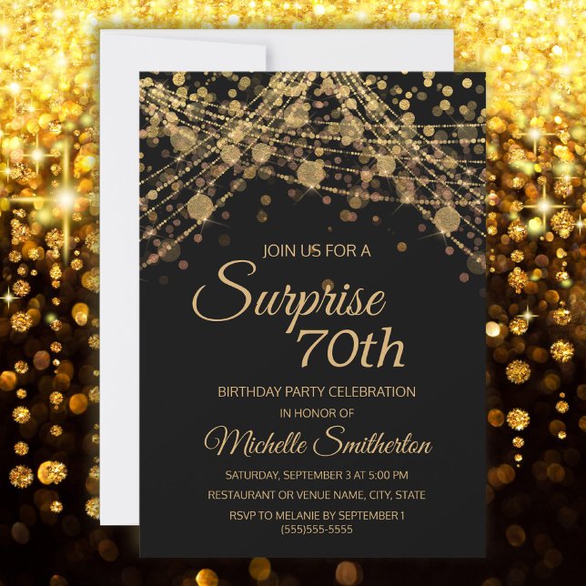 Black Gold String Lights Surprise 70th Birthday Invitation (Surprise 70th birthday party invitation with gold glitter on a black background)