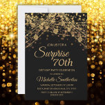 Black Gold String Lights Surprise 70th Birthday Invitation<br><div class="desc">70th birthday party invitation for women with glittering gold string lights and sparkling bokeh on a bold black background. Because text is customisable, this invitation is designed for a lady who is celebrating any birthday. (18th, 21, st, 30th, 40th, 50th, 60th, 70th, 80th, 90th, 100th... .or any age). Text, fonts...</div>