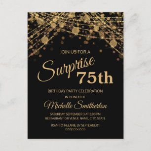 Black Gold String Lights Surprise 75th Birthday  Postcard