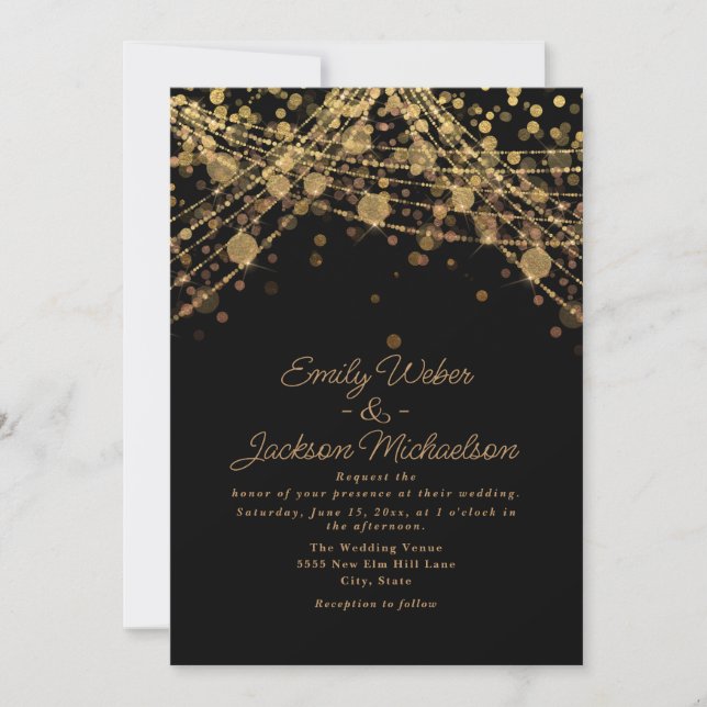Black Gold String Lights Wedding Invitation (Front)