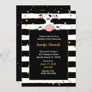 Black Gold Stripe Cow Theme Kids Birthday Party  Invitation