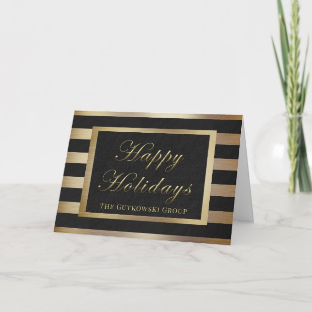 Black Gold Stripe Logo Business Holiday Card (Front)