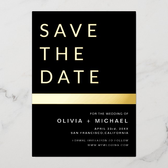 Black Gold Stripe Save the Date Elegant (Front)