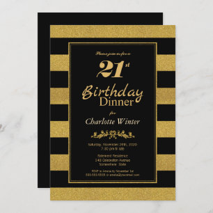 Black Gold Striped 21st Birthday Dinner Invitation