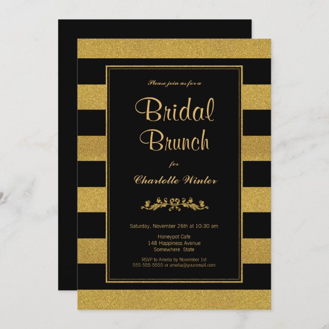 Black Gold Striped Bridal Brunch Invitation (Front/Back)
