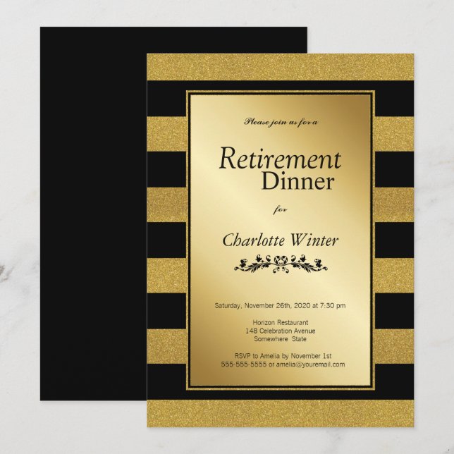 Black Gold Striped Retirement Party Invitation (Front/Back)