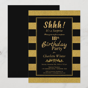 Black Gold Striped Surprise 18th Birthday Party Invitation