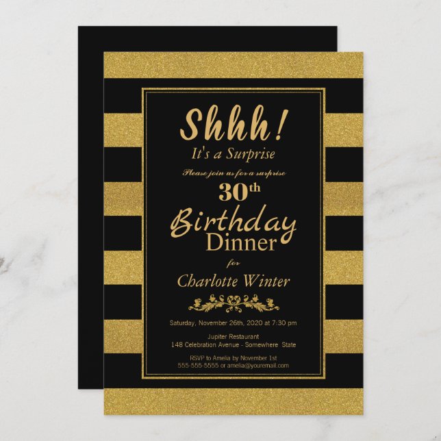 Black & Gold Striped Surprise 30th Birthday Dinner Invitation (Front/Back)