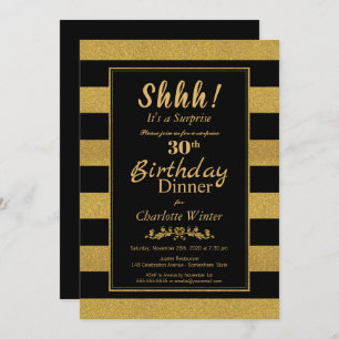 Black & Gold Striped Surprise 30th Birthday Dinner Invitation