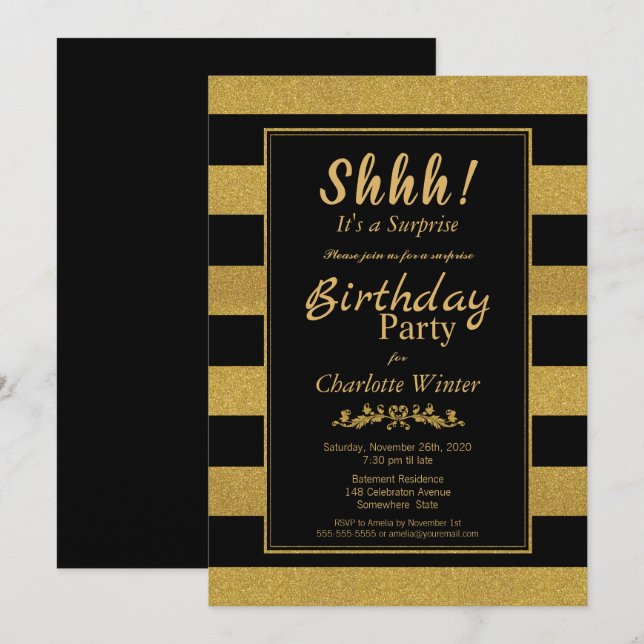 Black Gold Striped Surprise Birthday Party Invitation (Front/Back)