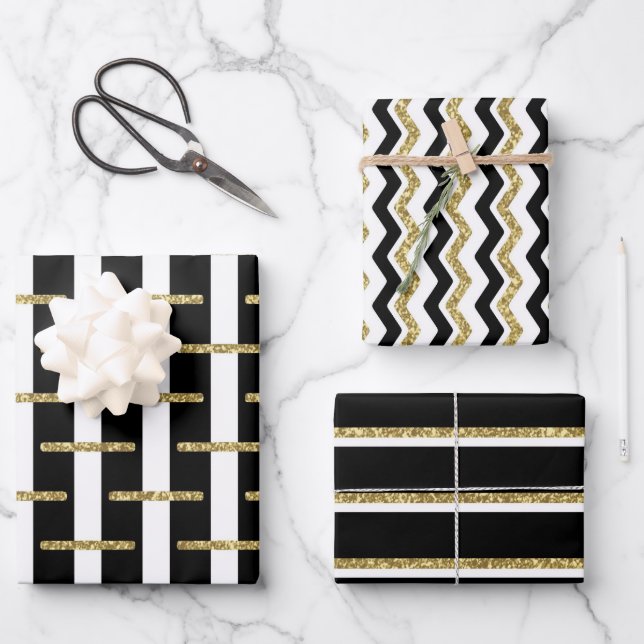 Black Gold Striped Wrapping Paper Sheet Set of 3 (Front)