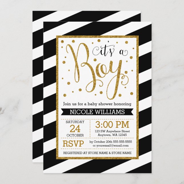 Black Gold Stripes Boy Baby Shower Invitations (Front/Back)