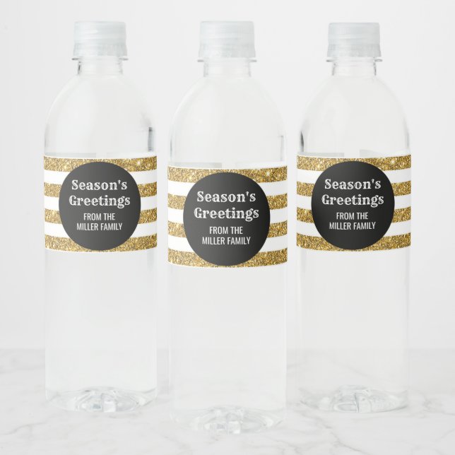 Black Gold Stripes Custom Season's Greetings Water Bottle Label (Bottles)