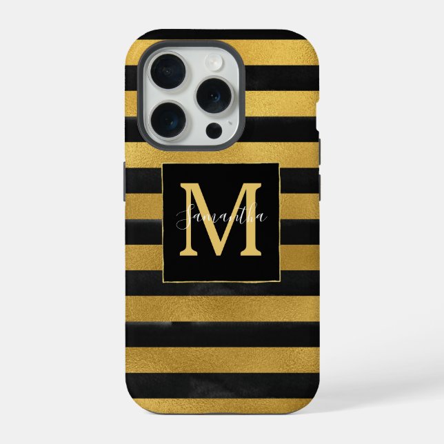 Black Gold Stripes Monogram iPhone Case (Back)