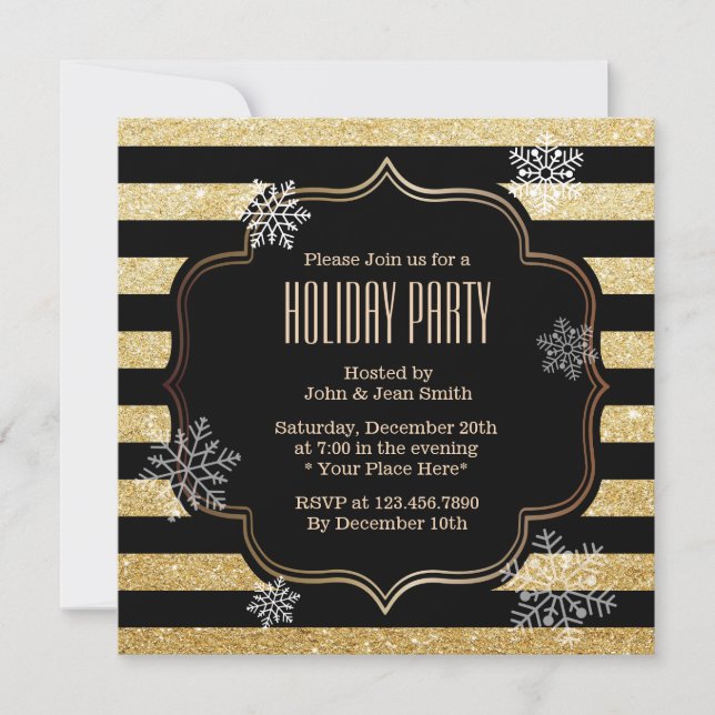 Black & Gold Stripes Snowflakes Holiday Party Invitation (Front)