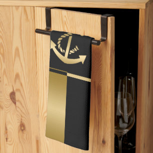 Black & Gold Stripes With Nautical Boat Anchor Tea Towel