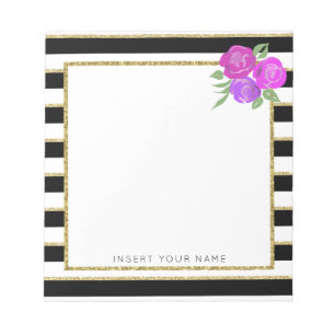 Black & Gold Stripes with Roses Notepad 5.5" x 6"