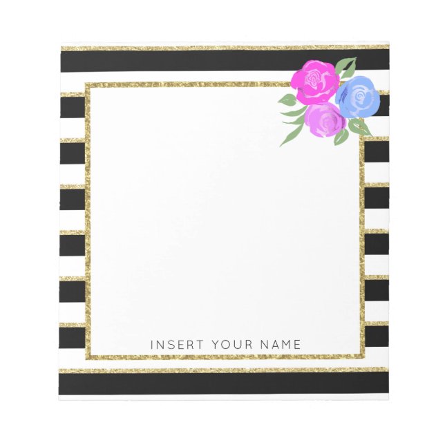 Black & Gold Stripes with Roses Notepad 5.5" x 6" (Front)