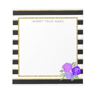 Black & Gold Stripes with Roses Notepad 5.5" x 6"