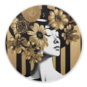 Black Gold Stripes Woman Flowers Knob Ceramic Pull