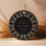 Black & Gold Sunburst Art Deco Our First Christmas Ceramic Ornament<br><div class="desc">A minimalist and retro art deco black and gold holiday collection,  with striking sunburst frames. Easily customisable with your name and milestone.</div>