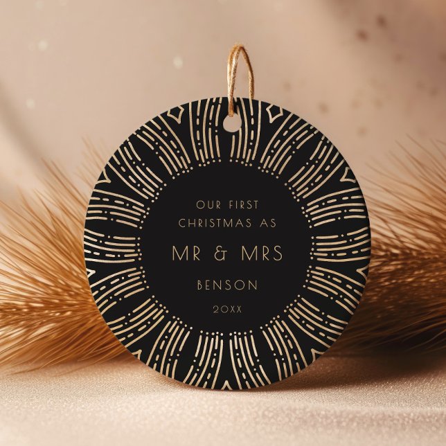 Black & Gold Sunburst Art Deco Our First Christmas Ceramic Ornament (Creator Uploaded)