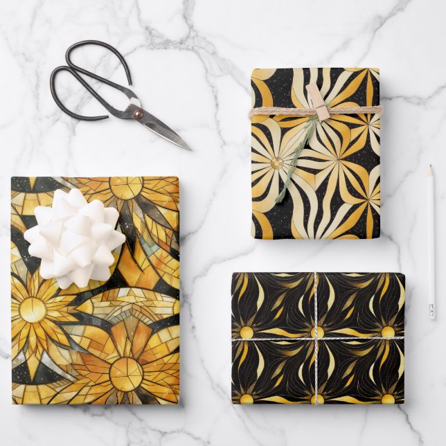Black & Gold Sunburst Wrapping Paper Flat Set of 3 (Front)
