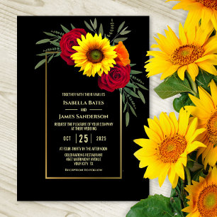 Black Gold Sunflower Burgundy Rose Wedding Invitation