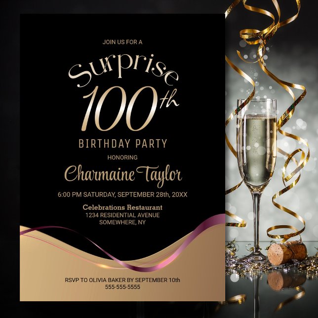 Black Gold Surprise 100th Birthday Party Invitation (Creator Uploaded)