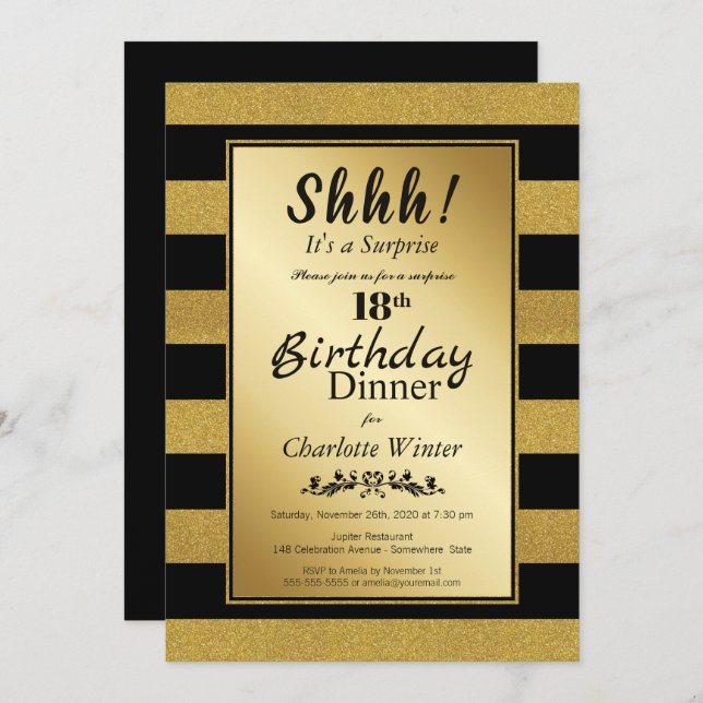 Black & Gold Surprise 18th Birthday Dinner Invitation (Front/Back)