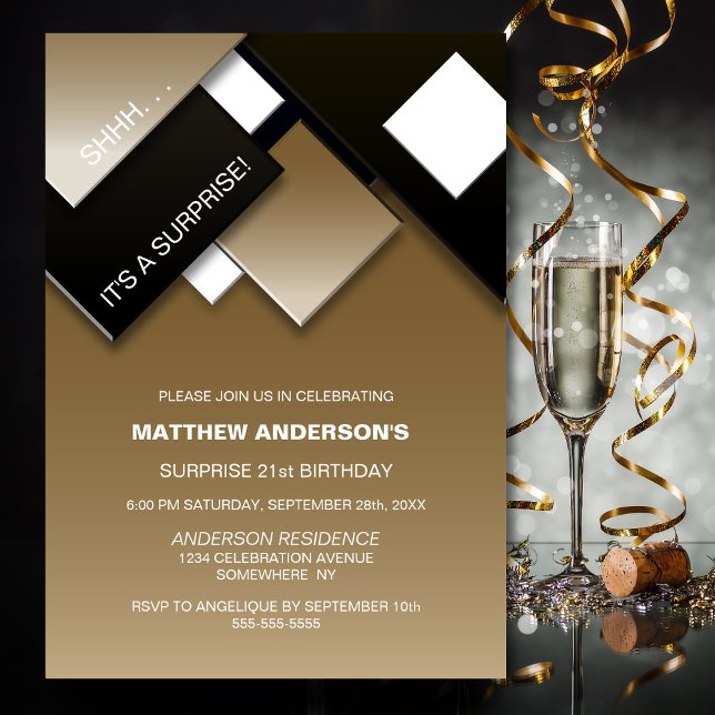 Black Gold Surprise 21st Birthday Party Invitation (Creator Uploaded)
